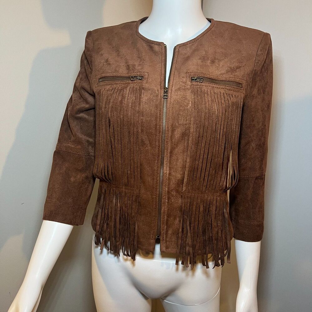 BCBGMAXAZRIA Fringe Jacket S Vintage Y2K 70s Cowgirl Western Boho Festival Retro - Picture 3 of 8